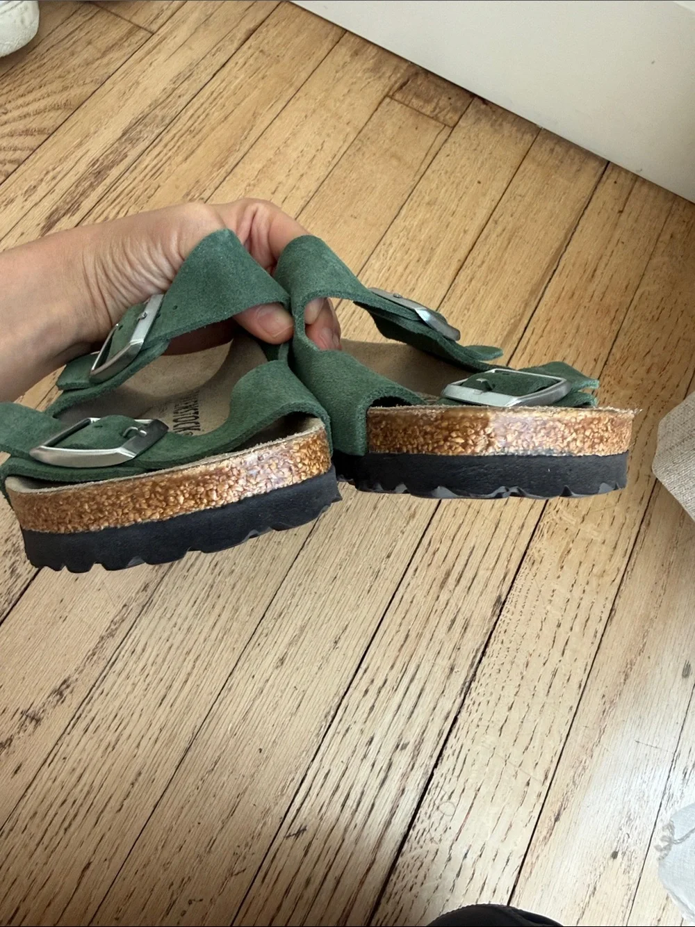 Birkenstock Arizona Suede Sandals in Forest Green with Silver Buckles Size 38
